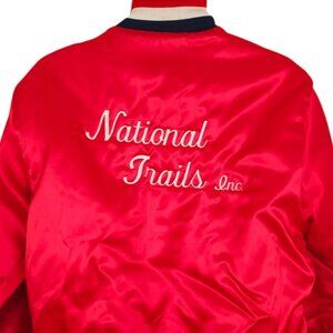 Vintage National Trails Satin Bomber Jacket Mens Size Large Red 80s Made In USA